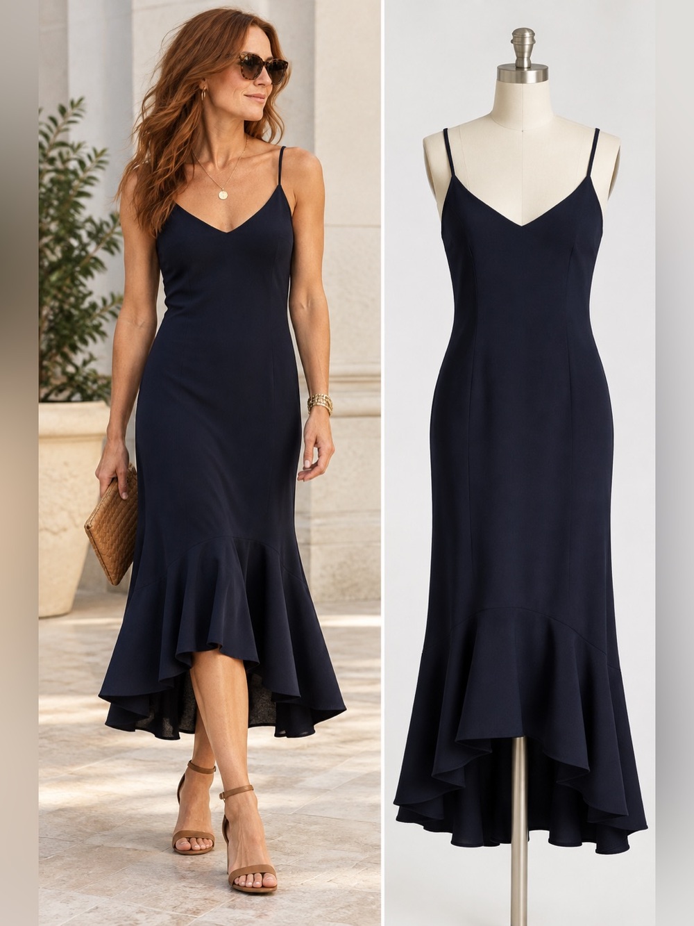 Susana Monaco Navy High Low Ruffle Hem Midi Dress M